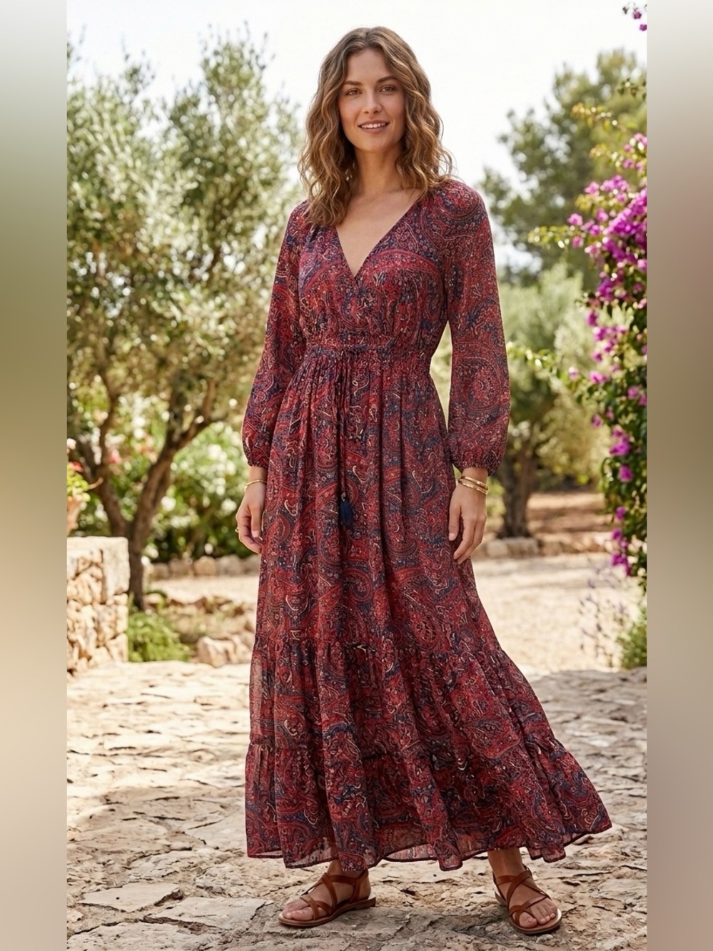Anthropologie Boemo Paisley Maxi Dress Red Blue Boho Long Sleeve‎ V-Neck